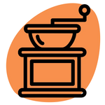 A minimalist black line icon of a old-style manual coffee grinder, centered on a solid orange circular background.
