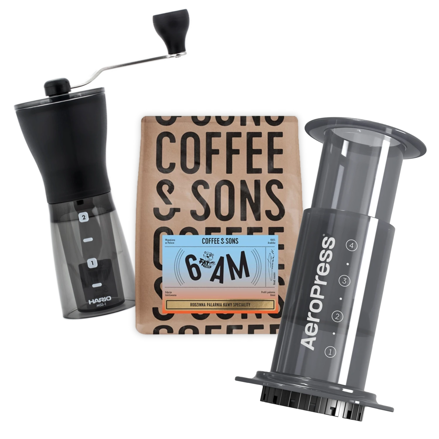 Coffee-making tools including a Hario coffee grinder, AeroPress Original, and a package of coffee beans on a white background.