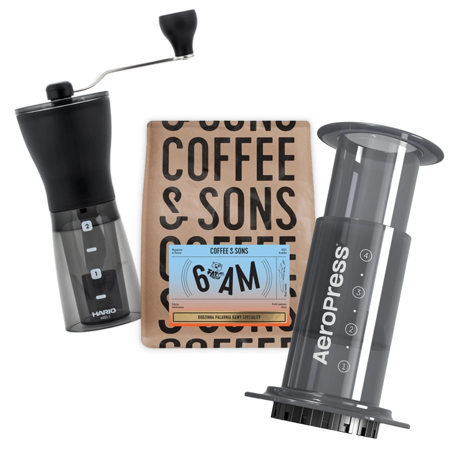 Coffee-making tools including a Hario coffee grinder, AeroPress Original, and a package of coffee beans on a white background.