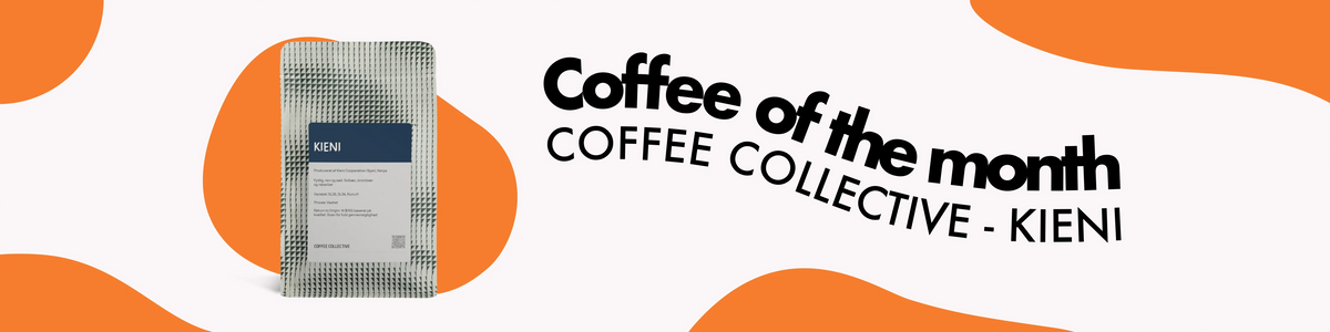 Coffee of the month banner featuring elegant KIENI by COFFEE COLLECTIVE package.
