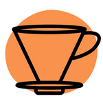 A minimalist vector icon of a pour-over coffee dripper, shown in black outline over a solid orange circle on a white background.