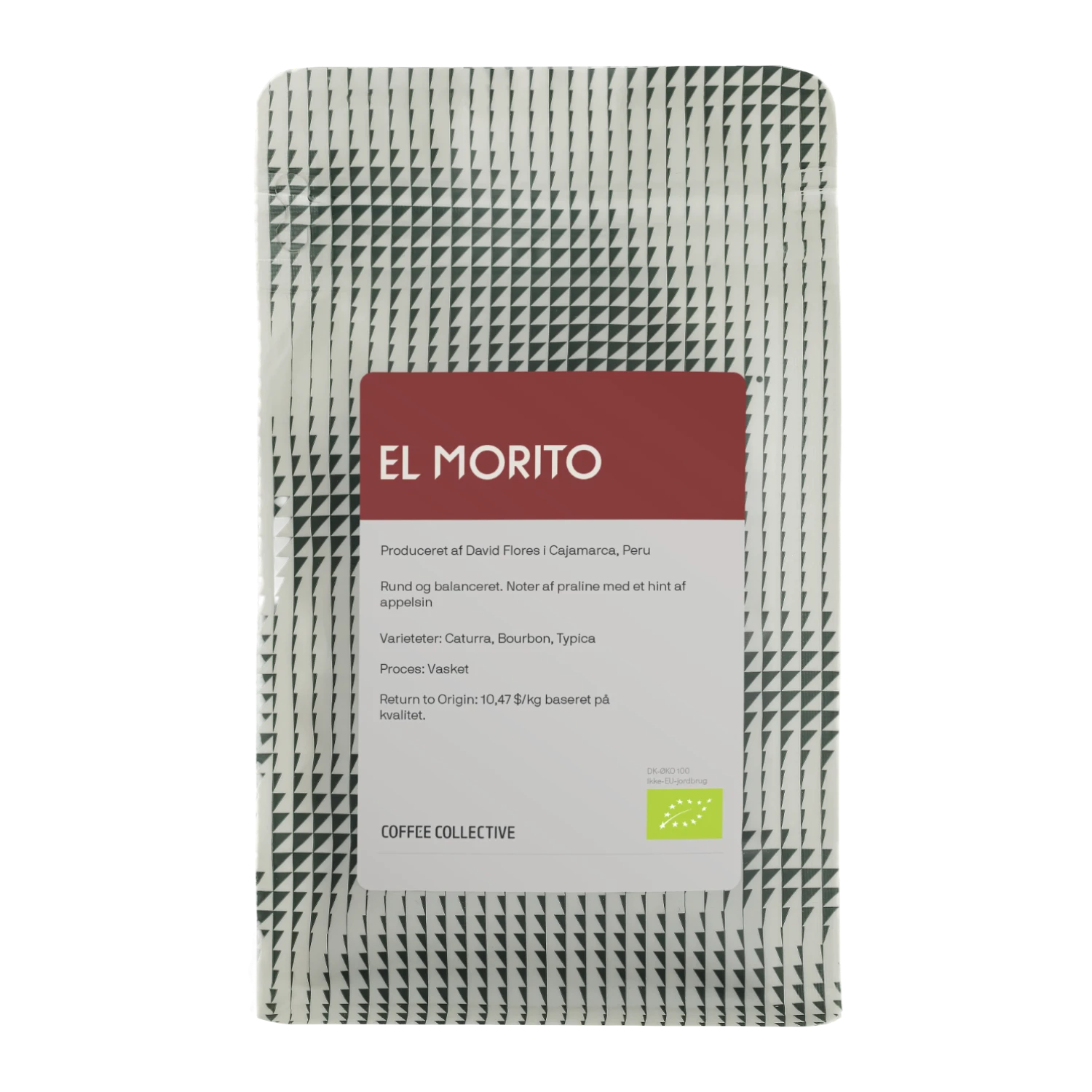 En påse Coffee Collective "El Morito" kaffe från Cajamarca, Peru, med svartvit geometrisk design och vinröd etikett.