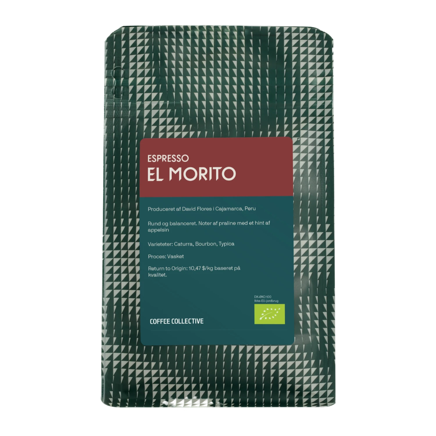 En påse Coffee Collective "Espresso El Morito" kaffe från Cajamarca, Peru, i en mörkgrön geometriskt mönstrad påse med ljusgrön etikett.