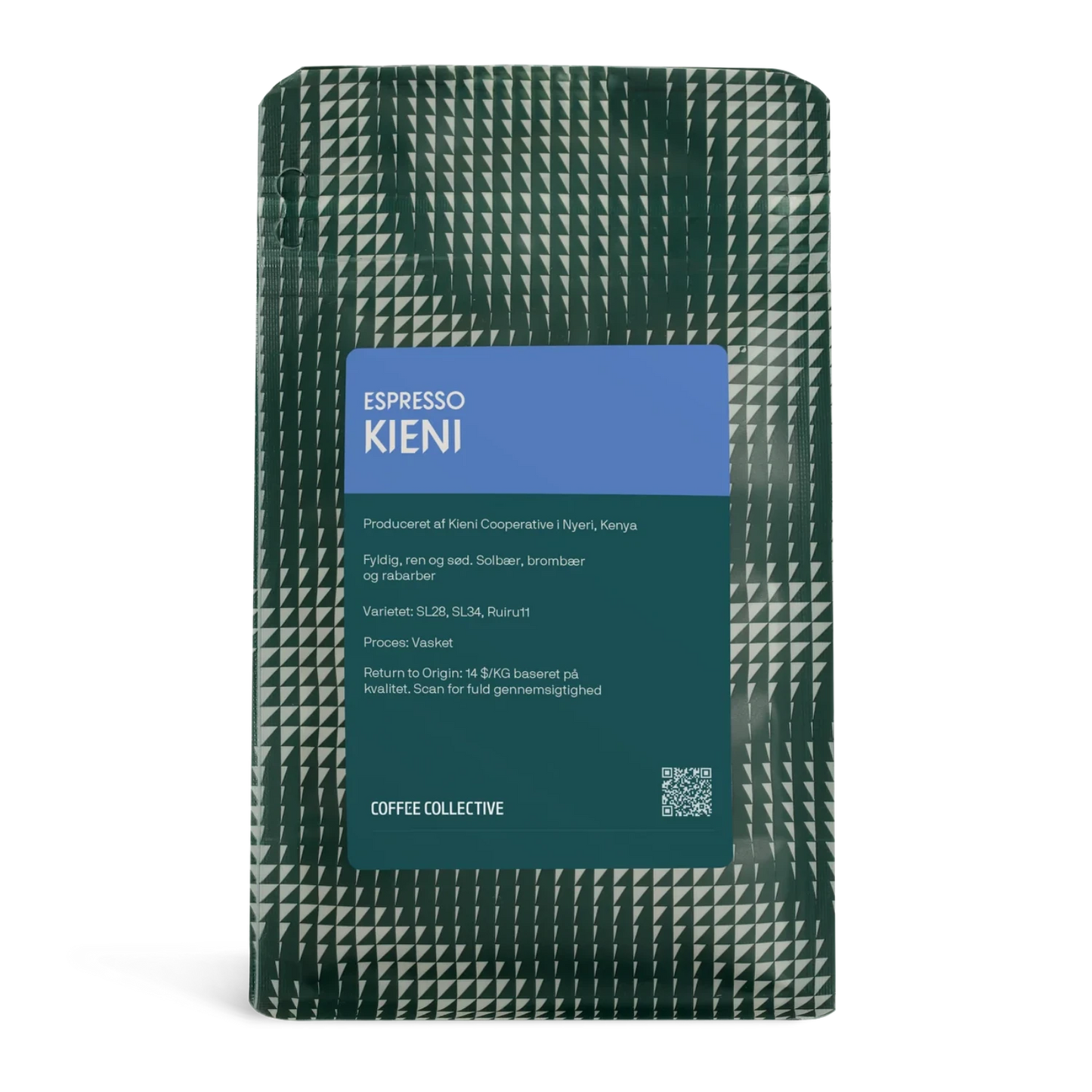 A bag of Coffee Collective "Espresso Kieni" coffee from Nyeri, Kenya, in a dark green geometric patterned bag with a dark navy blue label.