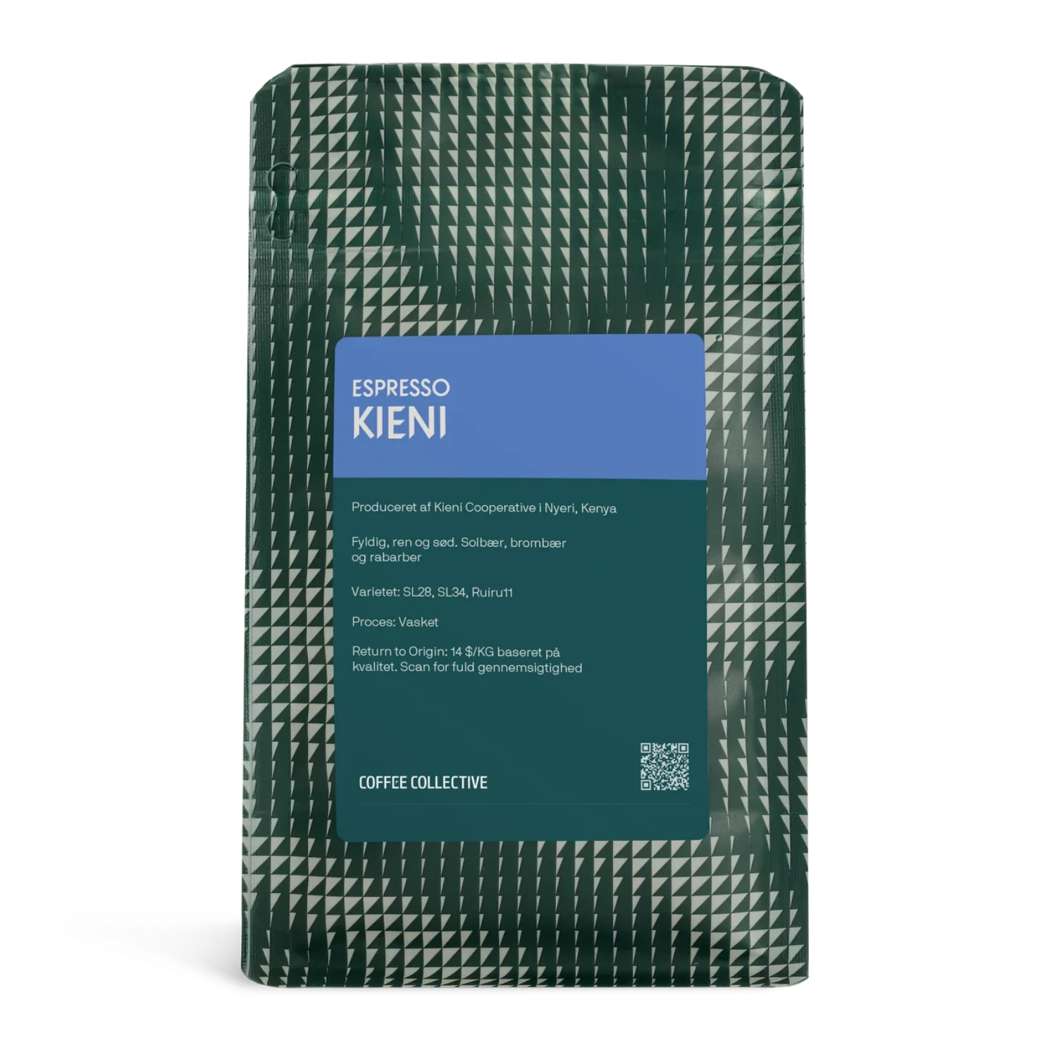 A bag of Coffee Collective "Espresso Kieni" coffee from Nyeri, Kenya, in a dark green geometric patterned bag with a dark navy blue label.