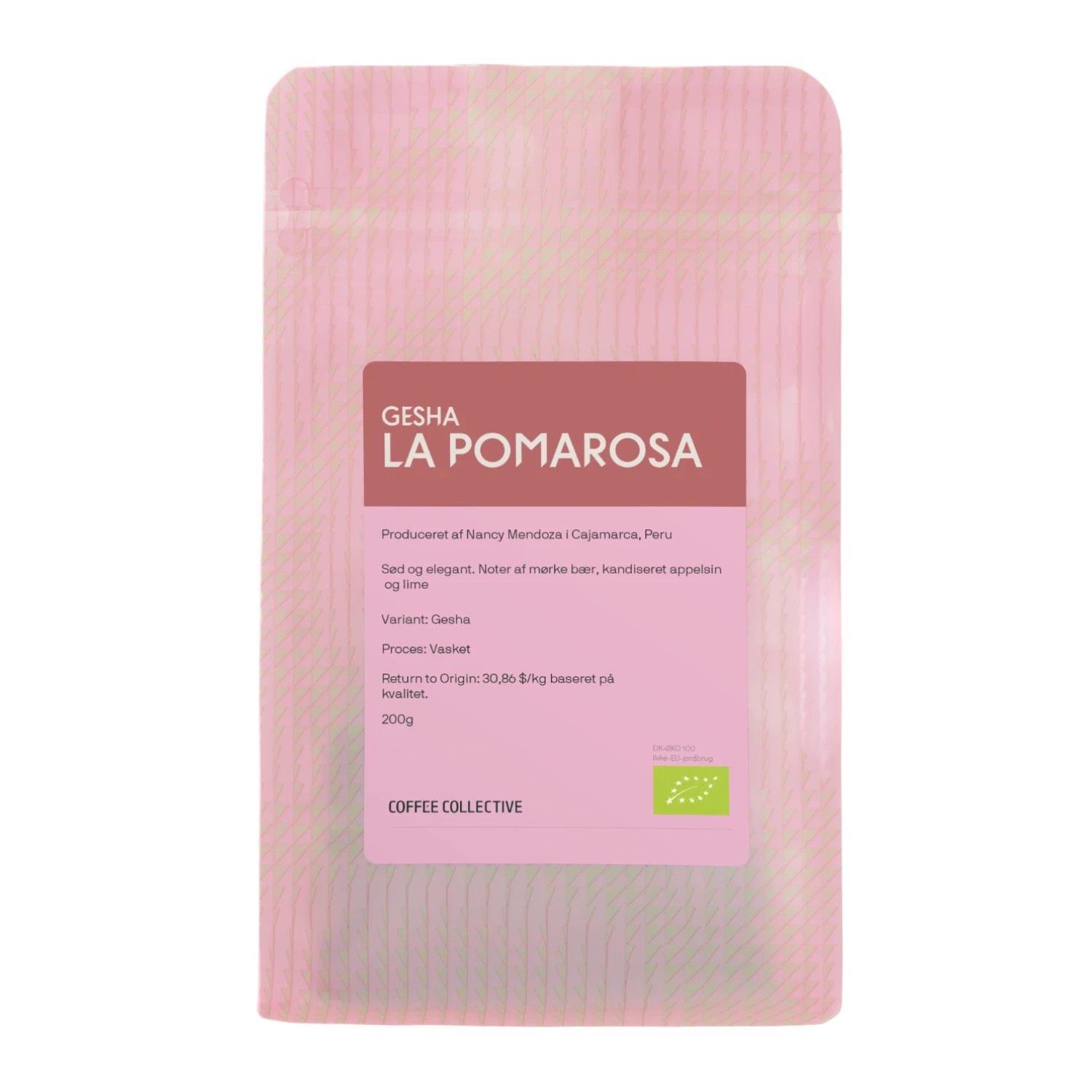En påse Coffee Collective "Gesha La Pomarosa" kaffe från Cajamarca, Peru, i en ljusrosa mönstrad påse med mörkrosa etikett.