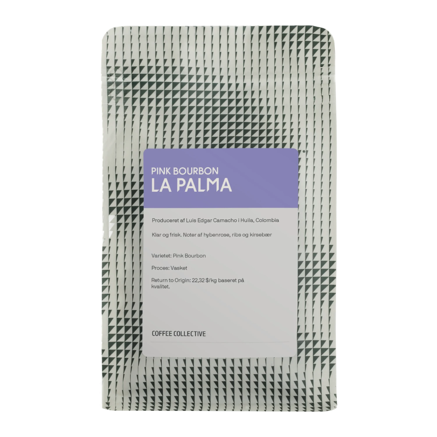 En påse Coffee Collective "La Palma" kaffe från Huila, Colombia, med svartvit geometrisk design och lavendelfärgad etikett.