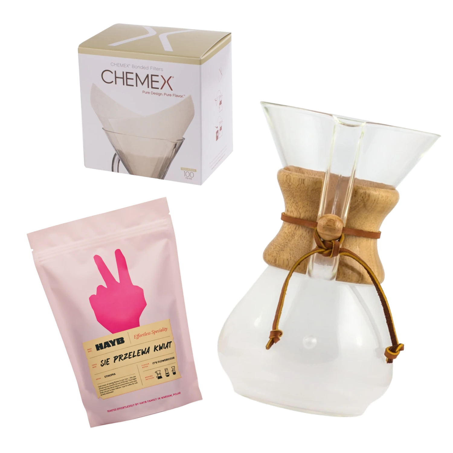 Chemex kaffebryggare med en filterbox och rosa kaffepåse på vit bakgrund
