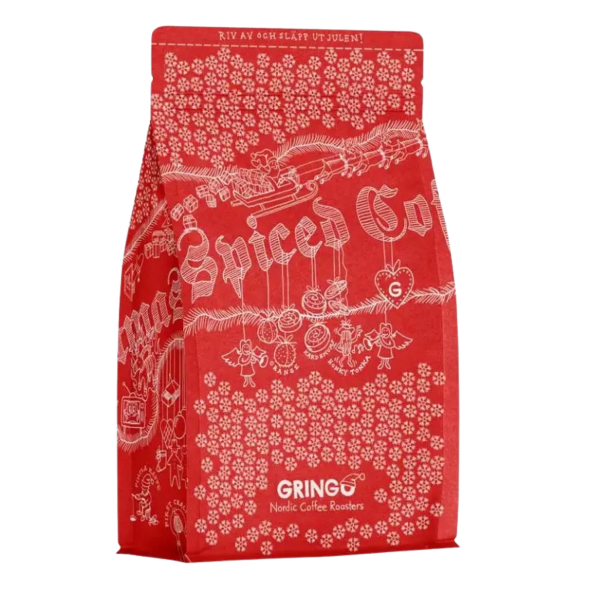 A red bag of Chrismas Spiced Coffee by Gringo Nordics with white festive illustrations and text, shown on a plain white background.