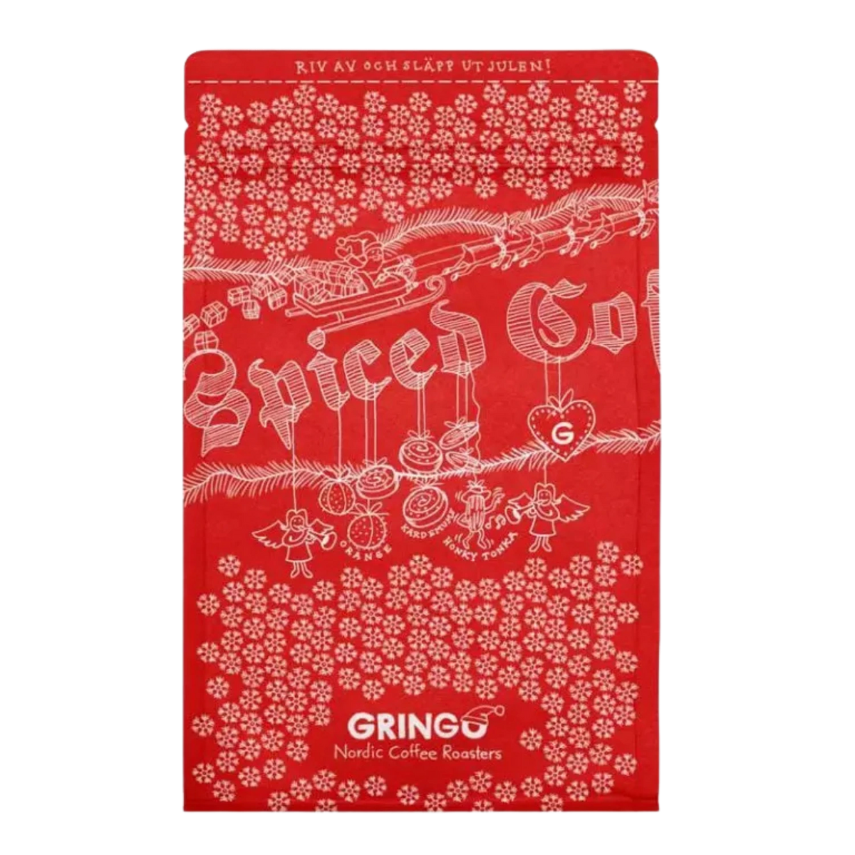 A red Christmas-themed coffee bag featuring white illustrations of a Santa train, ornaments, and snowflakes, with the brand name 'Gringo Nordic' printed at the bottom.