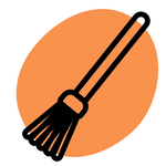 A minimalist black line-art icon of a broom, centered over a solid orange circle on a white background.