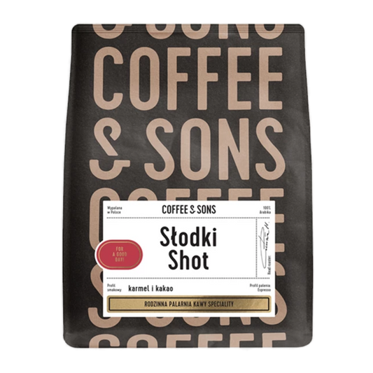 Specialkaffebönor – Coffee And Sons - Slodki Shot, 250g – framsida av förpackning