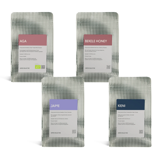 Fyra påsar specialkaffe från Coffee Collective: Aga, Bekele Honey, Jaime och Kieni, med färgglada etiketter och geometriska mönster.