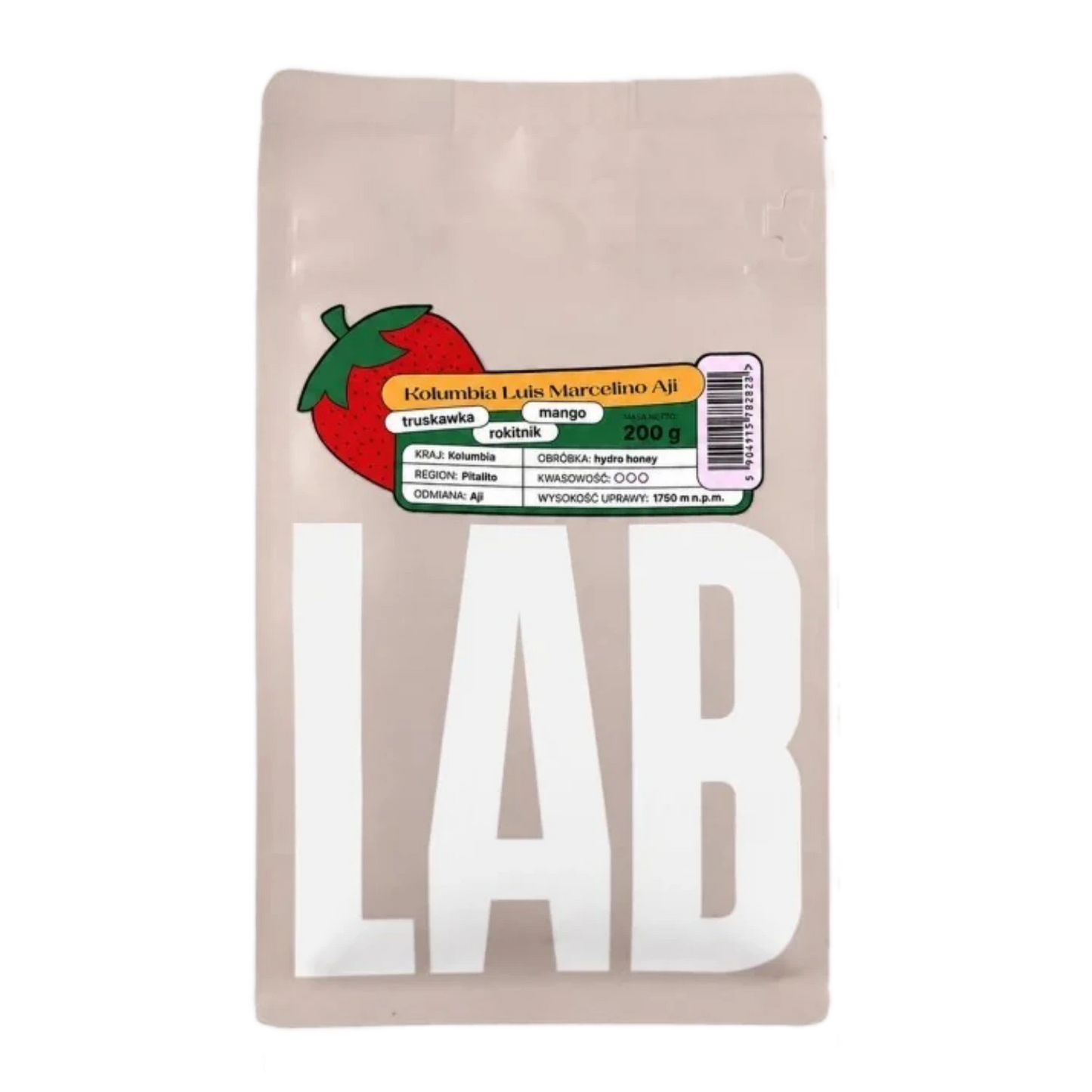 Beige CoffeeLab bag Kolumbia Luis Marcelino Aji with large white LAB text and green red sticker  with strawberry