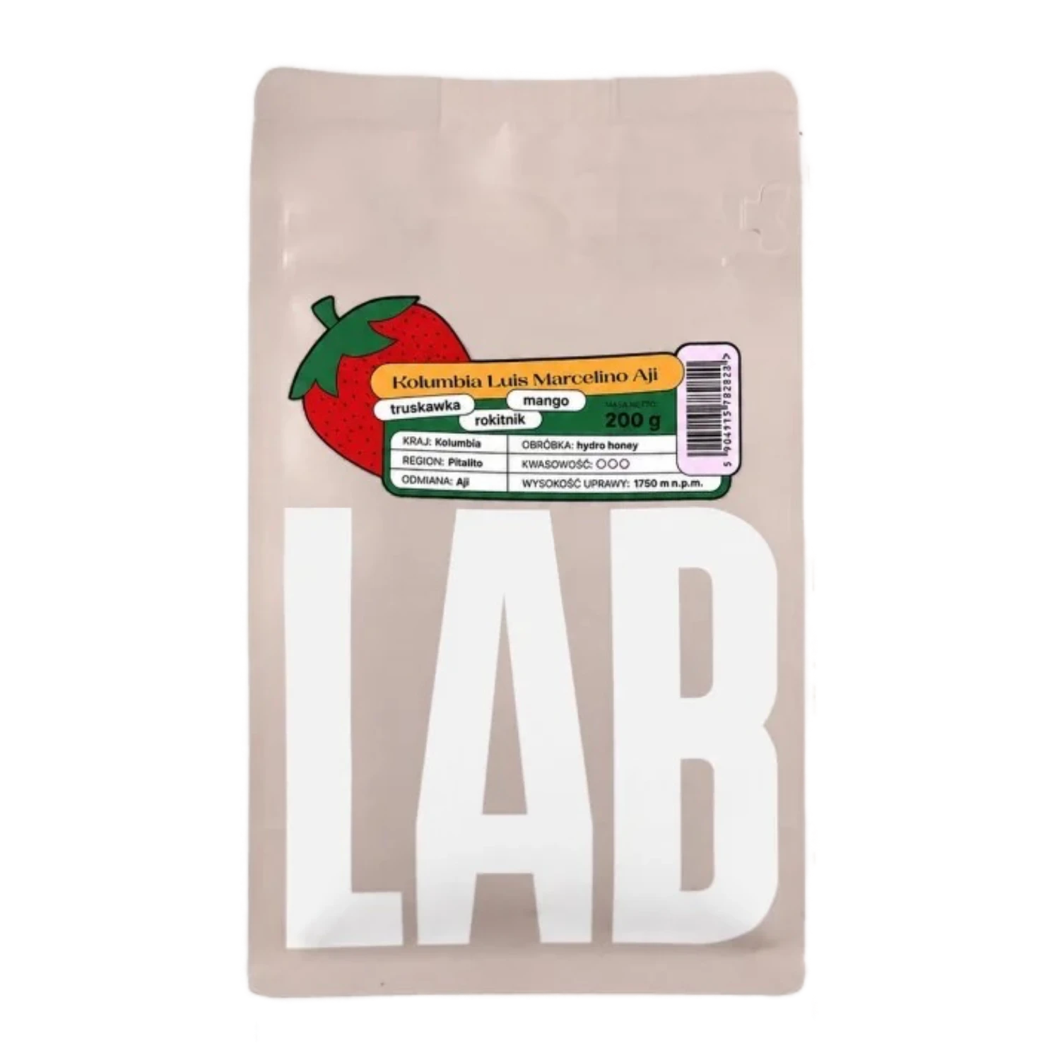 Beige CoffeeLab bag Kolumbia Luis Marcelino Aji with large white LAB text and green red sticker  with strawberry