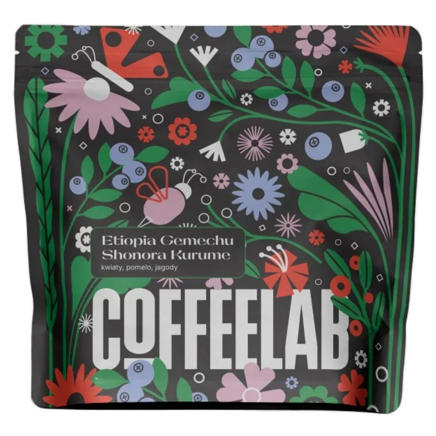 CoffeeLab-påse Etiopia ”Gemechu Shonora Kurume” med färgglad blomdesign.