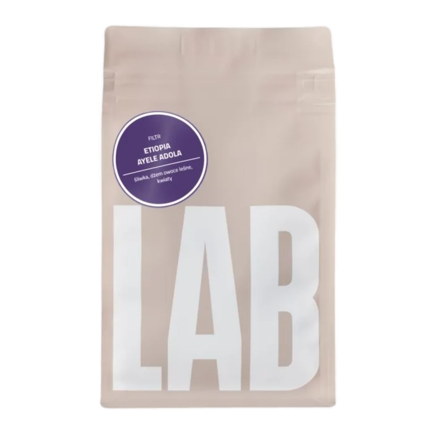 Beige CoffeeLab-påse Etiopia ”Ayele Adola” med lila klistermärke.