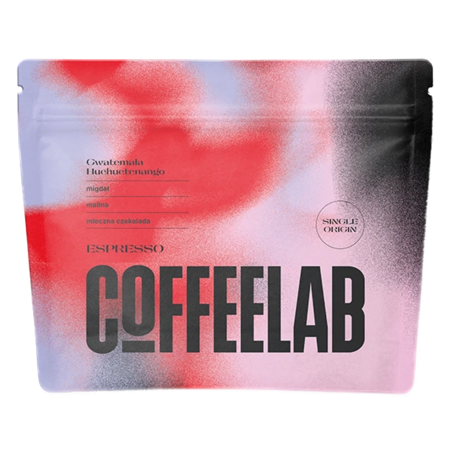 CoffeeLab Gwatemala Huehuetenango packaging with colorful gradient background