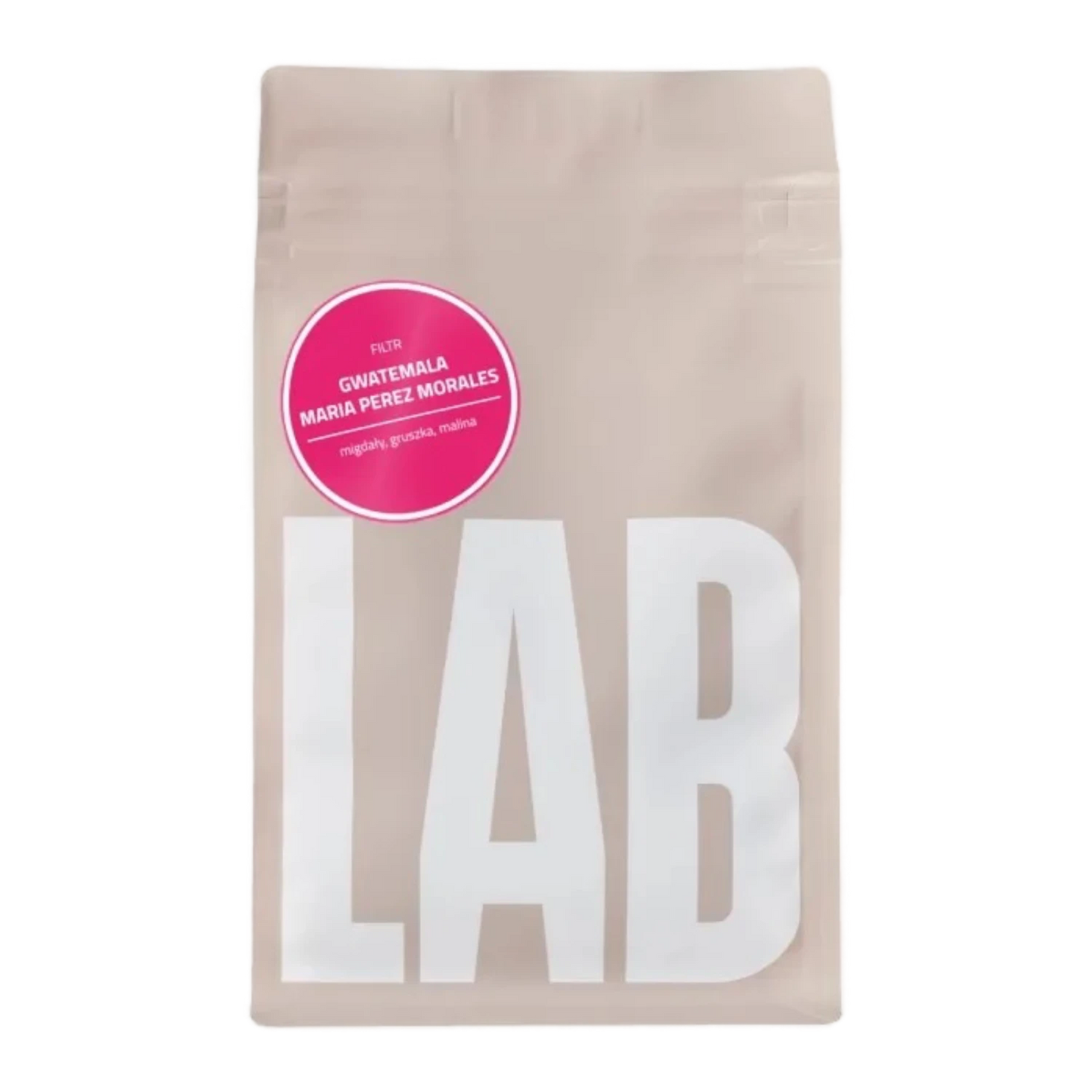Beige CoffeeLab bag Guatemala Maria Perez Moraleswith large white LAB text and pink sticker