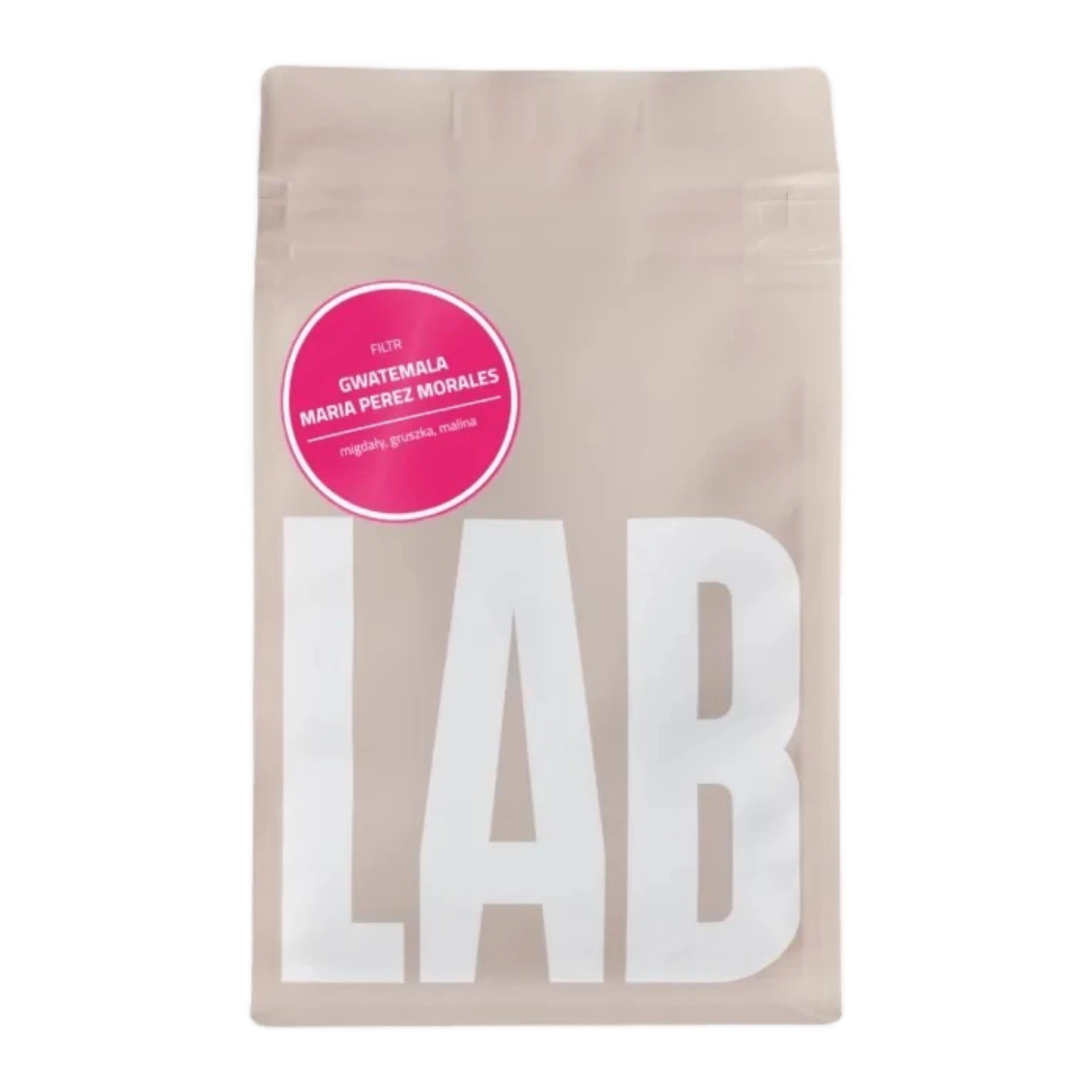 Beige CoffeeLab bag Guatemala Maria Perez Moraleswith large white LAB text and pink sticker