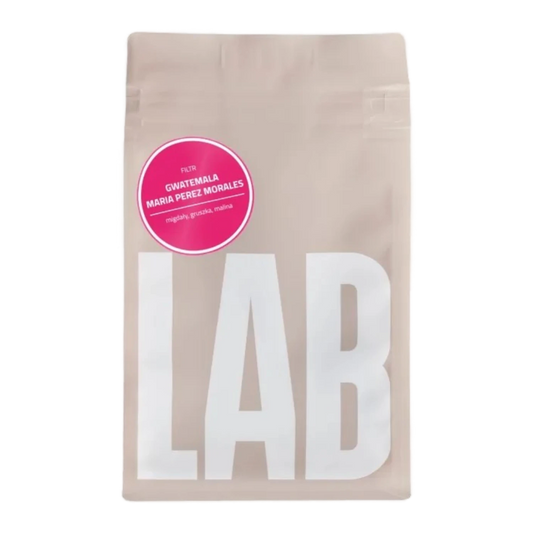Beige CoffeeLab bag Guatemala Maria Perez Moraleswith large white LAB text and pink sticker