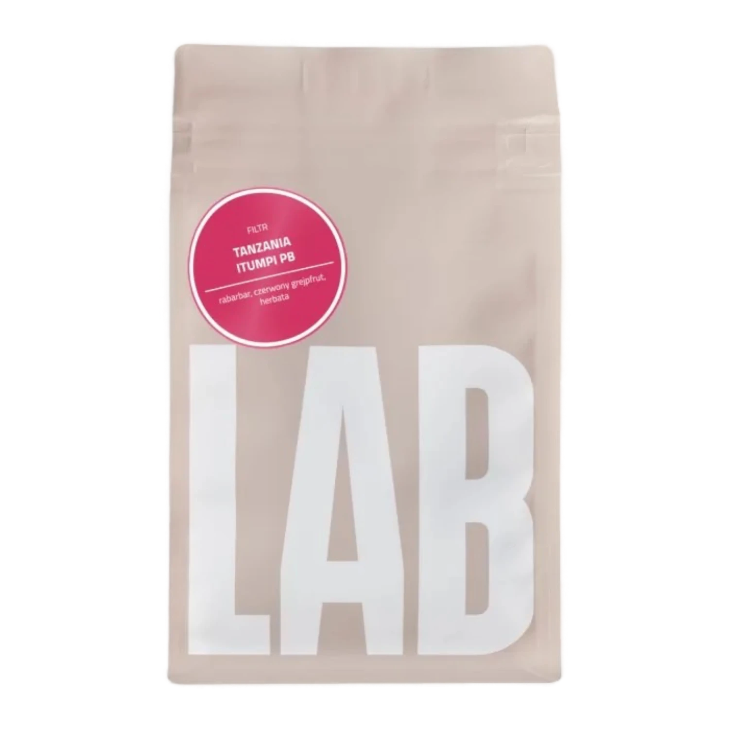 Beige CoffeeLab bag Tanzania Itumpi PB with large white LAB text and pink sticker