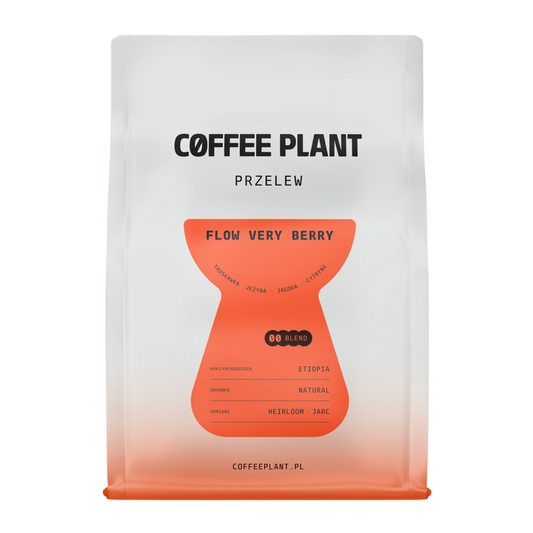 Vit Coffee Plant-påse Flow Very Berry filterkaffe med stor orange timglas-etikett