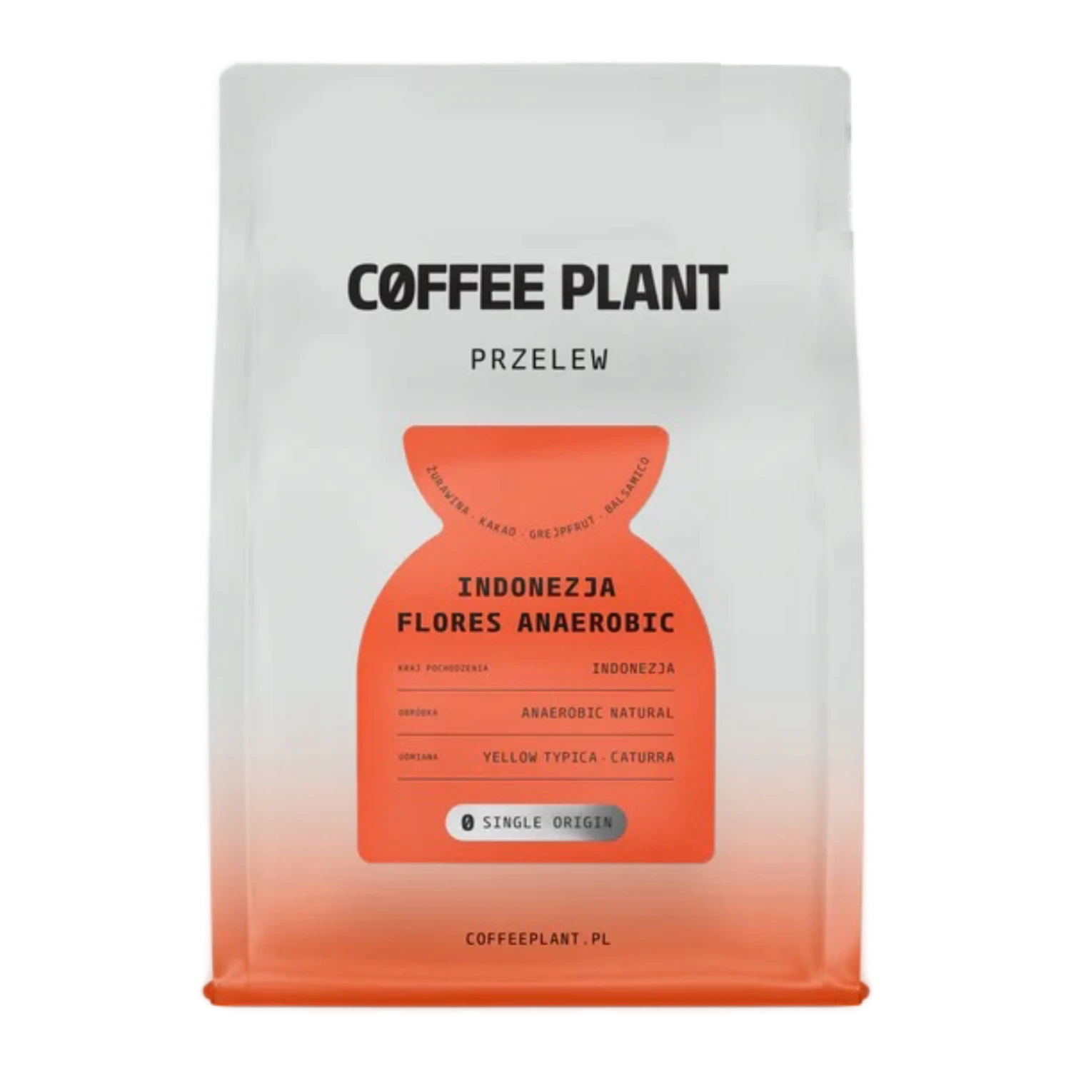Coffee package with 'Coffee Plant Single Origin Edition Indonesia Flores Anaerobic' branding and an orange label on a white background