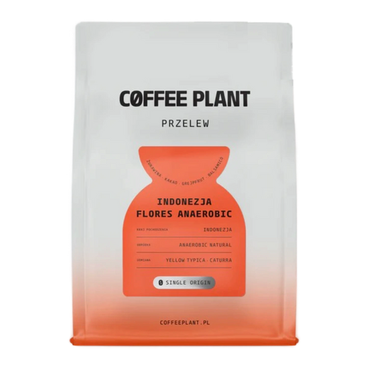 Coffee package with 'Coffee Plant Single Origin Edition Indonesia Flores Anaerobic' branding and an orange label on a white background