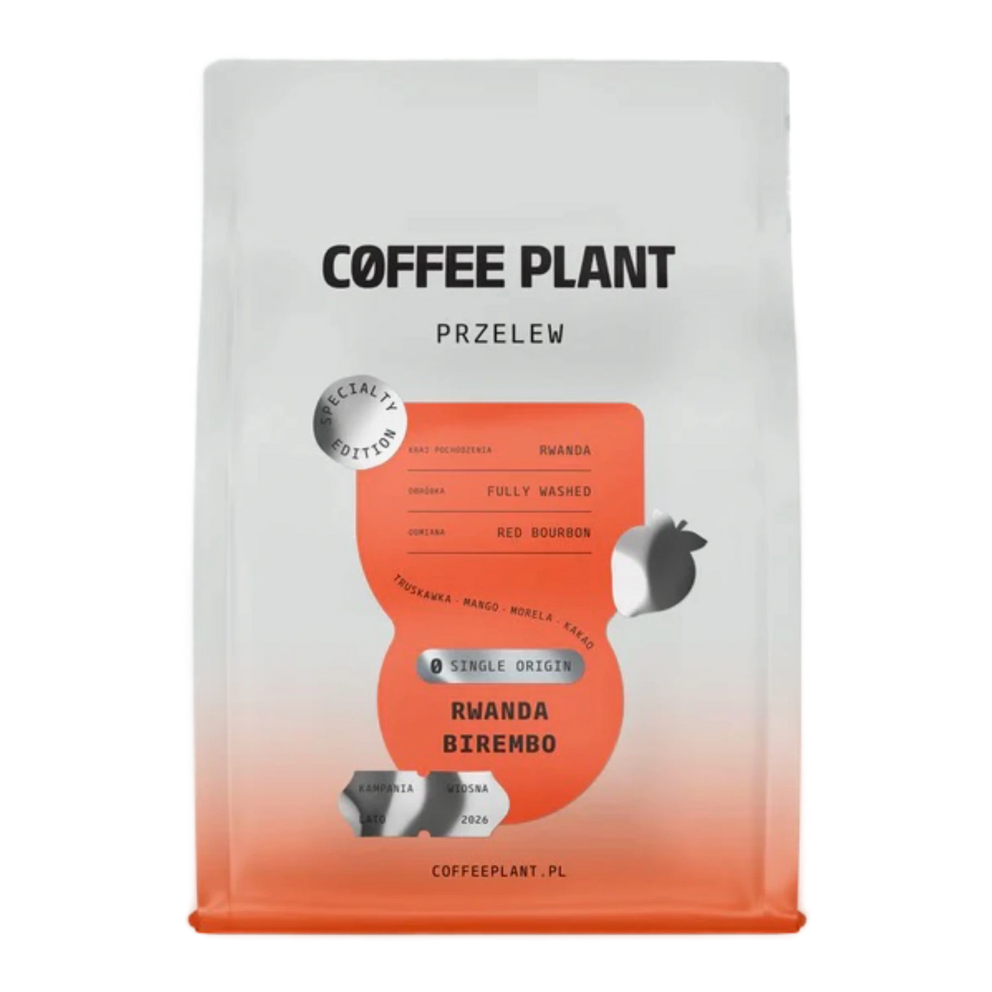 Coffee package with 'Coffee Plant Specialty Edition Rwanda Birembo' branding and an orange label on a white background
