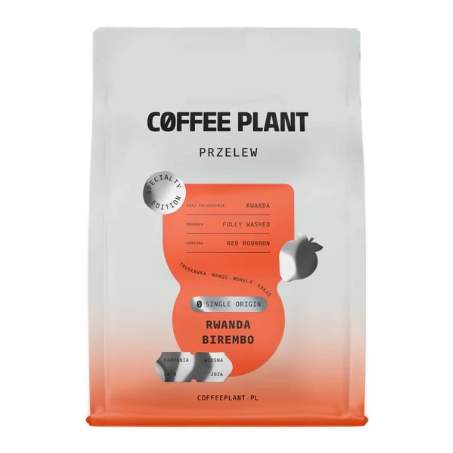 Coffee package with 'Coffee Plant Specialty Edition Rwanda Birembo' branding and an orange label on a white background