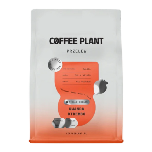 Coffee package with 'Coffee Plant Specialty Edition Rwanda Birembo' branding and an orange label on a white background