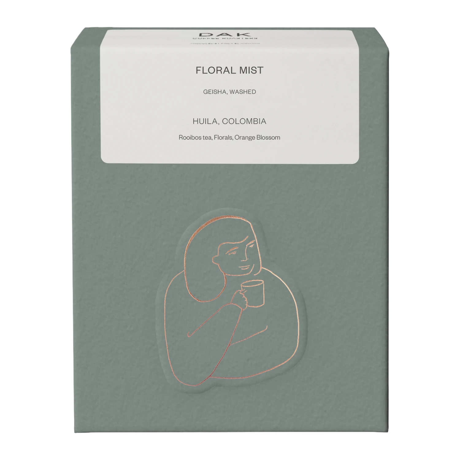 Green box of DAK Coffee Roasters Colombia Floral Mist Filter Whole Beans with gold on green drawing of a person