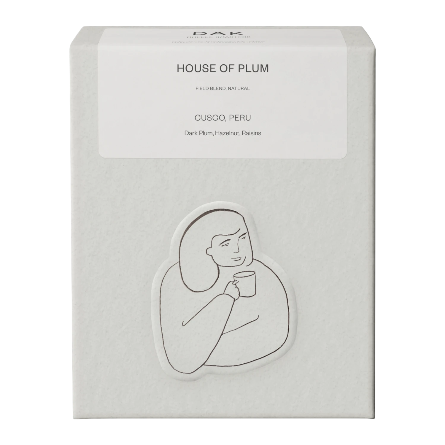 White box of DAK Coffee Roasters Peru House of Plum Filter Whole Beans with black on white drawing of a person