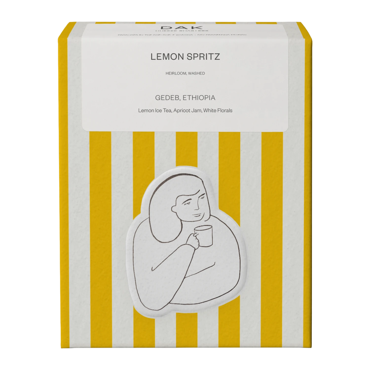 Yellow and white box of DAK Coffee Roasters Colombia Lemon Spritz Filter Whole Beans with gold on green drawing of a person
