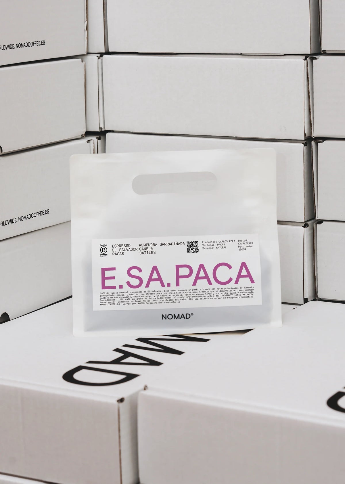 Nomad Coffee E.SA.PACA Salvador coffee bag on boxes