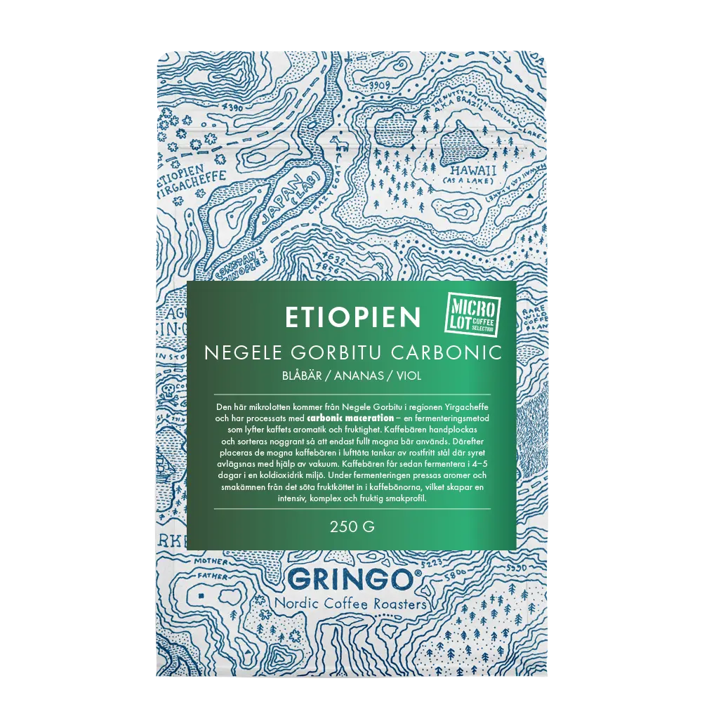 A 250g bag of Gringo Nordic Ethiopian Negele Gorbitu Carbonic coffee, featuring a green label over a blue topographical map pattern background.