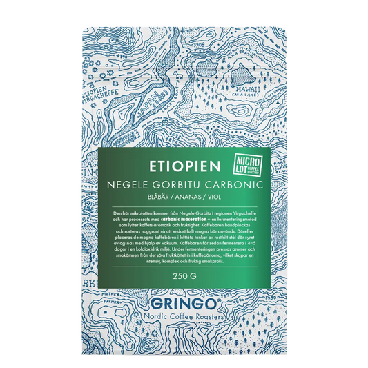 A 250g bag of Gringo Nordic Ethiopian Negele Gorbitu Carbonic coffee, featuring a green label over a blue topographical map pattern background.