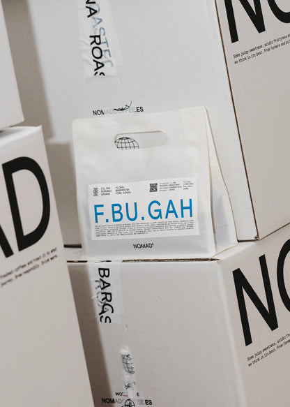 Nomad Coffee F.BU.GAH Burundi coffee bag with logo boxes