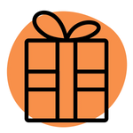 A stylized orange gift box icon with a black outline and ribbon bow on a white background.