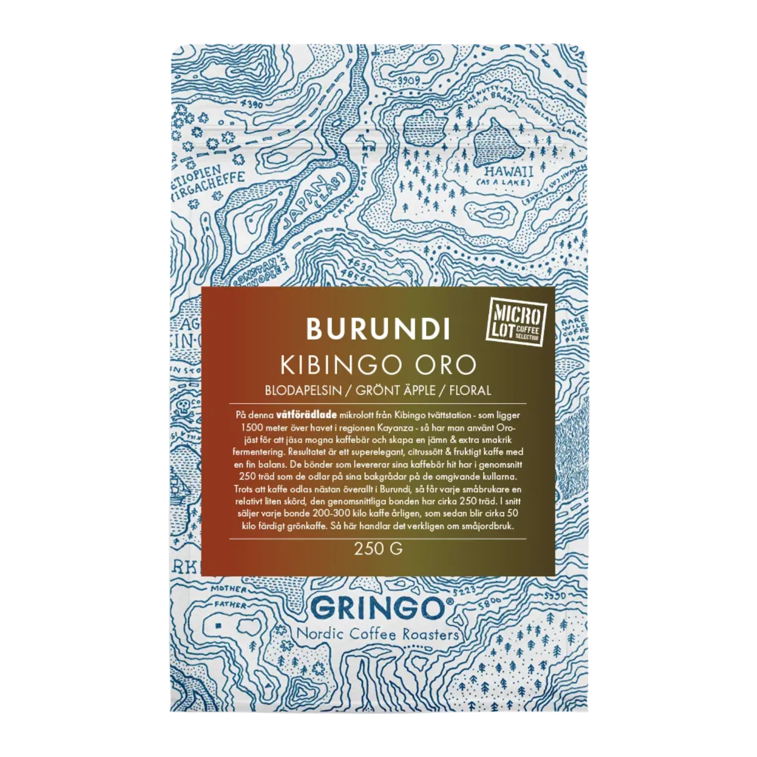 En 250g påse Burundi Kibingo Oro kaffe med en blåvit topografisk kartdesign och en livfull brun-grön gradientetikett med smaknoter av blodapelsin, grönt äpple och blommor.