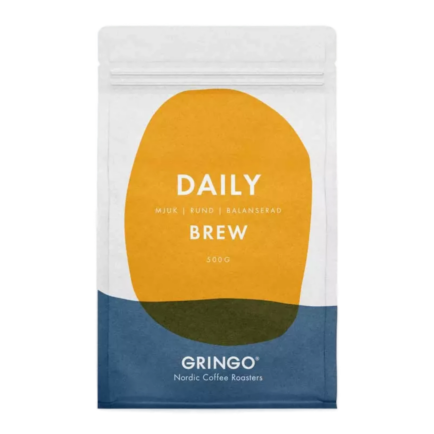 Frontvy av Gringo Nordic Daily Brew 500g vit kaffepåse med gul och blå design.