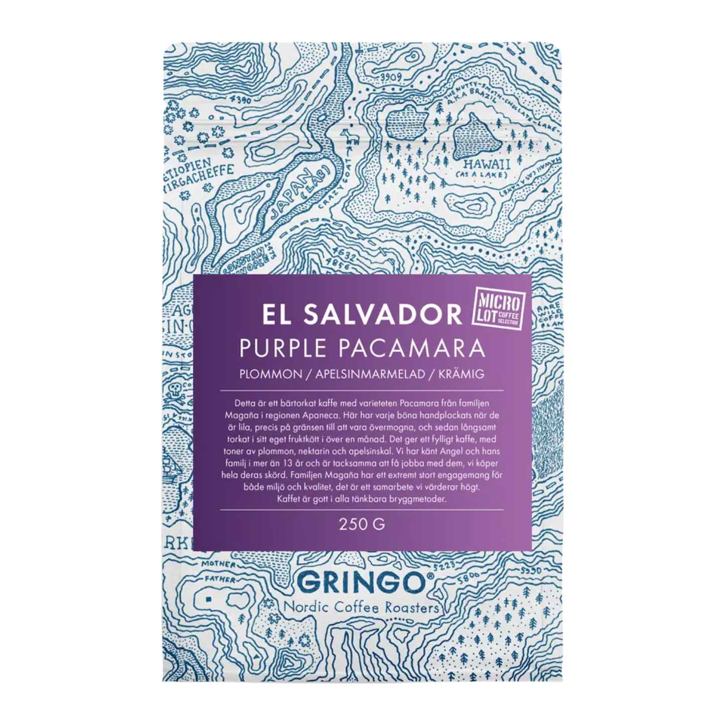 A 250g bag of El Salvador Purple Pacamara coffee. It uses the signature blue and white map background with a purple label highlighting tasting notes of plum, orange marmalade, and creaminess.