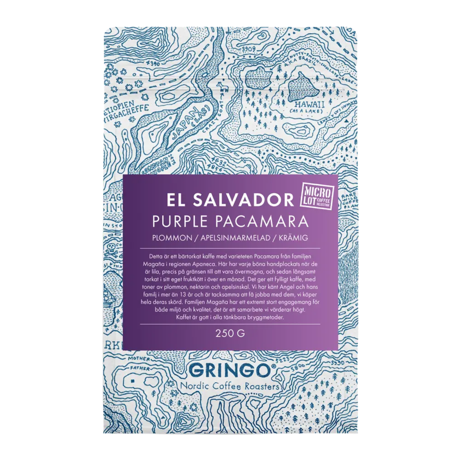 A 250g bag of El Salvador Purple Pacamara coffee. It uses the signature blue and white map background with a purple label highlighting tasting notes of plum, orange marmalade, and creaminess.
