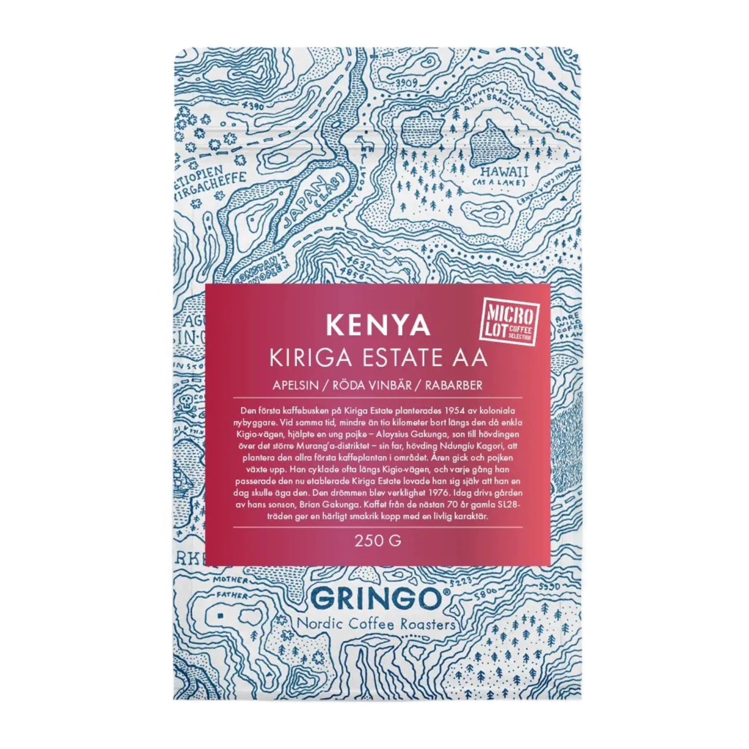 A 250g bag of Kenya Kiriga Estate AA coffee. The bag features a blue and white topographic map design with a vibrant red gradient label.