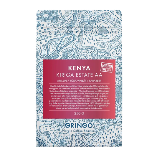 A 250g bag of Kenya Kiriga Estate AA coffee. The bag features a blue and white topographic map design with a vibrant red gradient label.
