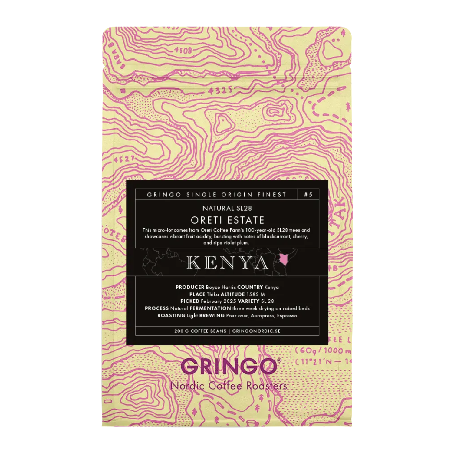 A 200g bag of Gringo Single Origin Finest #5 coffee. The bag has a pale yellow background with a pink topographic map pattern. A large black label in the center identifies the coffee as Natural SL28 Oreti Estate from Kenya, with tasting notes of blackcurrant, cherry, and ripe violet plum. Detailed text on the label mentions producer Boyce Harris and a light roast profile.