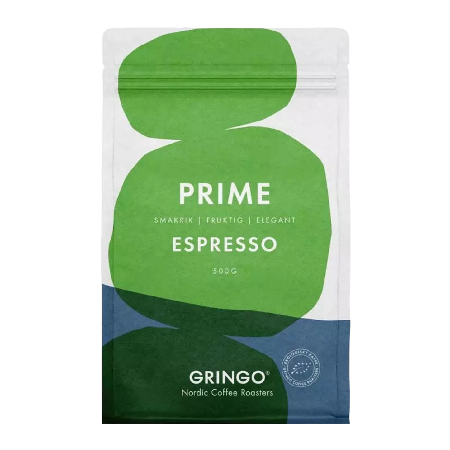 Front view of Gringo Nordic Prime Espresso 500g white coffee bag showing green and blue design