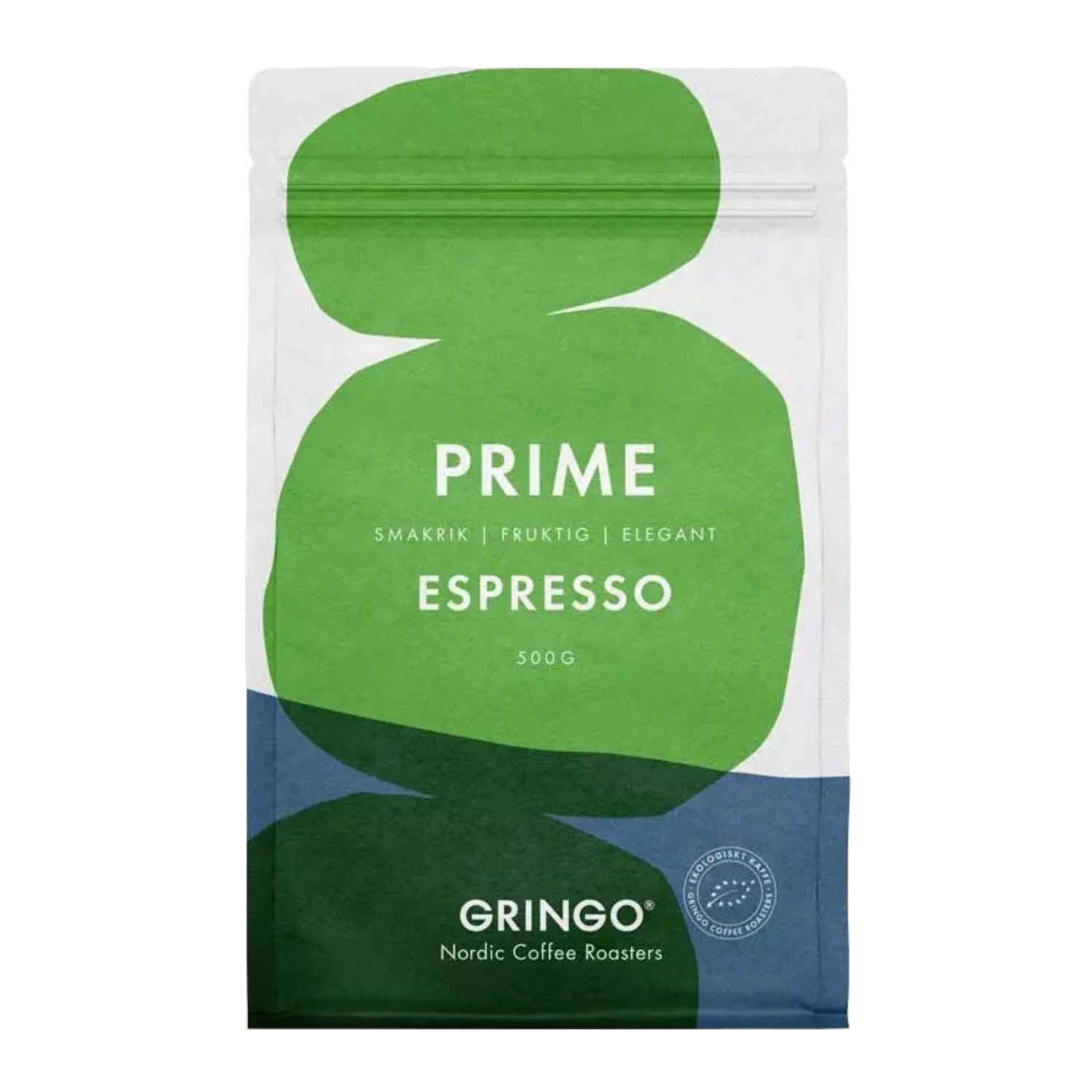 Front view of Gringo Nordic Prime Espresso 500g white coffee bag showing green and blue design