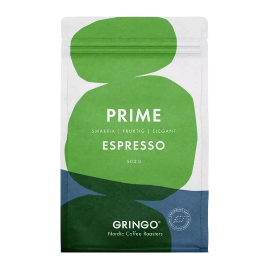 Front view of Gringo Nordic Prime Espresso 500g white coffee bag showing green and blue design